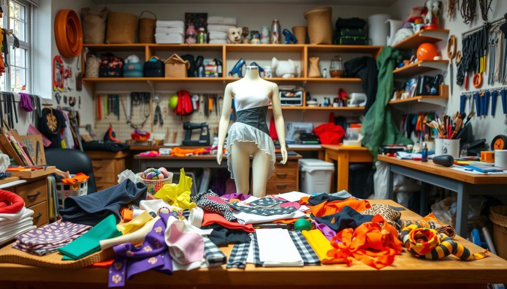 A cozy, well-lit workshop filled with an array of crafty DIY Halloween costume supplies. In the foreground, a collection of colorful fabrics, trims, and accessories lies neatly organized on a wooden workbench. In the middle ground, a seamstress manikin stands ready, adorned with a half-finished costume piece. The background showcases shelves stocked with an assortment of sewing tools, glue guns, and other crafting essentials. The overall atmosphere exudes a sense of creativity, inspiration, and the promise of spooktacular homemade costumes. A cozy, well-lit workshop filled with an array of crafty DIY Halloween costume supplies. In the foreground, a collection of colorful fabrics, trims, and accessories lies neatly organized on a wooden workbench. In the middle ground, a seamstress manikin stands ready, adorned with a half-finished costume piece. The background showcases shelves stocked with an assortment of sewing tools, glue guns, and other crafting essentials. The overall atmosphere exudes a sense of creativity, inspiration, and the promise of spooktacular homemade costumes.