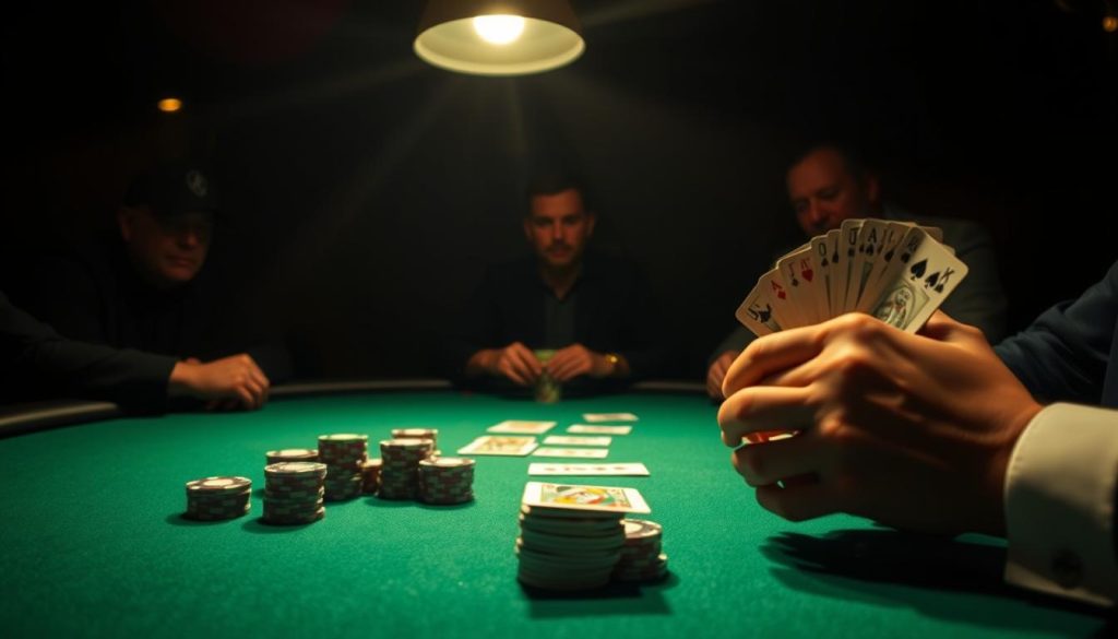A dimly lit high-stakes poker table, illuminated by a single overhead spotlight. The felt surface is green and pristine, with stacks of chips and a deck of cards arranged with precision. In the foreground, a player's hands skillfully manipulate the cards, showcasing advanced techniques like false shuffles, card flourishes, and subtle card control. The other players, their faces obscured in shadow, observe intently, their expressions unreadable. The atmosphere is charged with intensity, the air thick with anticipation, as the game unfolds in a masterful display of strategy and calculated risk. A dimly lit high-stakes poker table, illuminated by a single overhead spotlight. The felt surface is green and pristine, with stacks of chips and a deck of cards arranged with precision. In the foreground, a player's hands skillfully manipulate the cards, showcasing advanced techniques like false shuffles, card flourishes, and subtle card control. The other players, their faces obscured in shadow, observe intently, their expressions unreadable. The atmosphere is charged with intensity, the air thick with anticipation, as the game unfolds in a masterful display of strategy and calculated risk.
