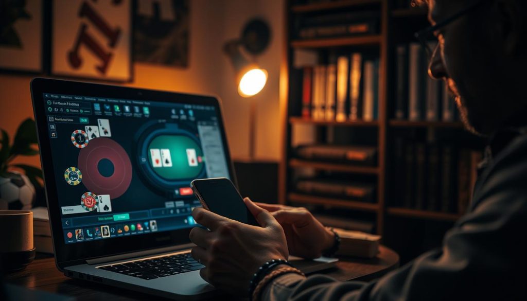 A dimly lit, modern home office setting. In the foreground, a laptop computer displays a poker game interface, with cards, chips, and betting controls. The middle ground features a player's hands holding a mobile device, intently studying strategy guides and tutorials. In the background, a bookshelf with volumes on poker technique and gaming theory. Warm, directional lighting casts subtle shadows, creating depth and atmosphere. The overall scene conveys a sense of focused, immersive study of online poker strategy. A dimly lit, modern home office setting. In the foreground, a laptop computer displays a poker game interface, with cards, chips, and betting controls. The middle ground features a player's hands holding a mobile device, intently studying strategy guides and tutorials. In the background, a bookshelf with volumes on poker technique and gaming theory. Warm, directional lighting casts subtle shadows, creating depth and atmosphere. The overall scene conveys a sense of focused, immersive study of online poker strategy.