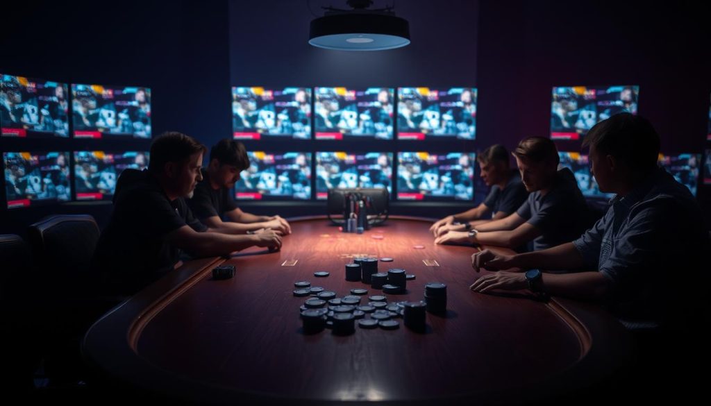 A dimly lit poker table set against a backdrop of a dark, moody online gaming environment. The table is made of sleek, polished wood, with cards and chips scattered across its surface. The lighting is low and atmospheric, creating a sense of intensity and focus. The players are seated around the table, their faces obscured by the shadows, their expressions intense and determined. The air is thick with the tension of the game, the players' every move carefully calculated. In the background, a bank of screens displays the live action, creating a sense of the larger online world beyond the immediate game. The overall atmosphere is one of concentration, strategy, and the thrill of high-stakes competition. A dimly lit poker table set against a backdrop of a dark, moody online gaming environment. The table is made of sleek, polished wood, with cards and chips scattered across its surface. The lighting is low and atmospheric, creating a sense of intensity and focus. The players are seated around the table, their faces obscured by the shadows, their expressions intense and determined. The air is thick with the tension of the game, the players' every move carefully calculated. In the background, a bank of screens displays the live action, creating a sense of the larger online world beyond the immediate game. The overall atmosphere is one of concentration, strategy, and the thrill of high-stakes competition.