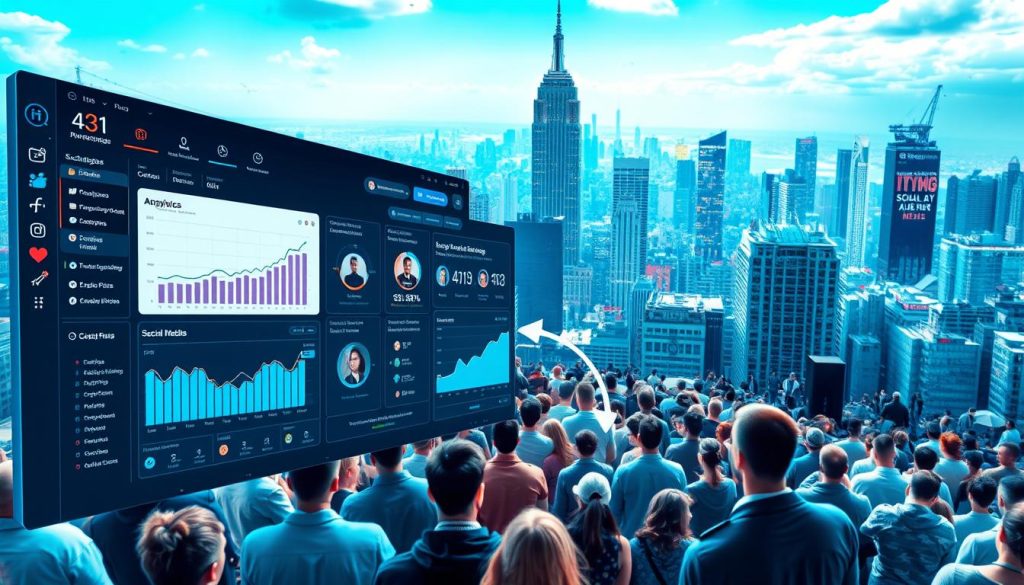 A dynamic and visually compelling image of AI-powered social media marketing technology. In the foreground, a sleek, modern dashboard interface with customizable analytics, audience segmentation tools, and campaign optimization features. The middle ground features a virtual crowd of diverse social media users, their profiles and engagement data visualized in real-time. In the background, a sprawling cityscape with skyscrapers and digital displays, symbolizing the global scale and connectivity of social media platforms. Bright, cool-toned lighting casts a futuristic glow, and the composition utilizes dramatic angles and depth of field to create an immersive, technologically-advanced atmosphere.