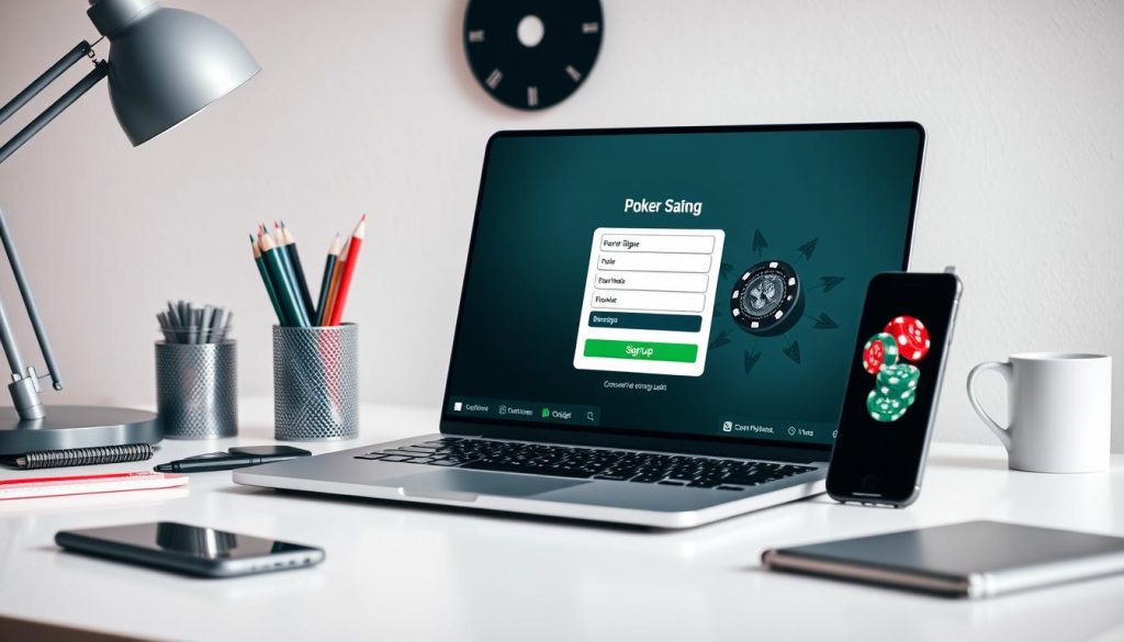 A modern, minimalist desktop setup with a laptop, smartphone, and various office supplies arranged in a visually appealing composition. The laptop screen displays a poker site's signup page, with clean UI elements and user-friendly interface. Soft, indirect lighting illuminates the scene, creating a calm, professional atmosphere. The angle is slightly elevated, providing a clear view of the setup. The background is blurred, placing the focus on the foreground elements. The overall scene conveys a sense of efficiency and seamless account setup for a new online poker player. A modern, minimalist desktop setup with a laptop, smartphone, and various office supplies arranged in a visually appealing composition. The laptop screen displays a poker site's signup page, with clean UI elements and user-friendly interface. Soft, indirect lighting illuminates the scene, creating a calm, professional atmosphere. The angle is slightly elevated, providing a clear view of the setup. The background is blurred, placing the focus on the foreground elements. The overall scene conveys a sense of efficiency and seamless account setup for a new online poker player.