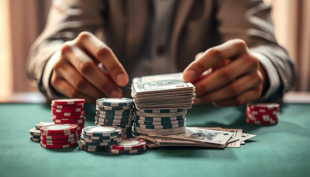 A pristine stack of neatly organized poker chips and banknotes, illuminated by a soft, warm light that casts gentle shadows across the table's surface. In the foreground, a pair of well-manicured hands carefully arranges the funds, exuding a sense of control and strategic planning. The middle ground features an array of poker playing cards, fanned out to suggest the careful consideration of risk and potential rewards. The background subtly blurs, focusing the viewer's attention on the central theme of responsible bankroll management, a crucial element of successful poker gameplay. A pristine stack of neatly organized poker chips and banknotes, illuminated by a soft, warm light that casts gentle shadows across the table's surface. In the foreground, a pair of well-manicured hands carefully arranges the funds, exuding a sense of control and strategic planning. The middle ground features an array of poker playing cards, fanned out to suggest the careful consideration of risk and potential rewards. The background subtly blurs, focusing the viewer's attention on the central theme of responsible bankroll management, a crucial element of successful poker gameplay.