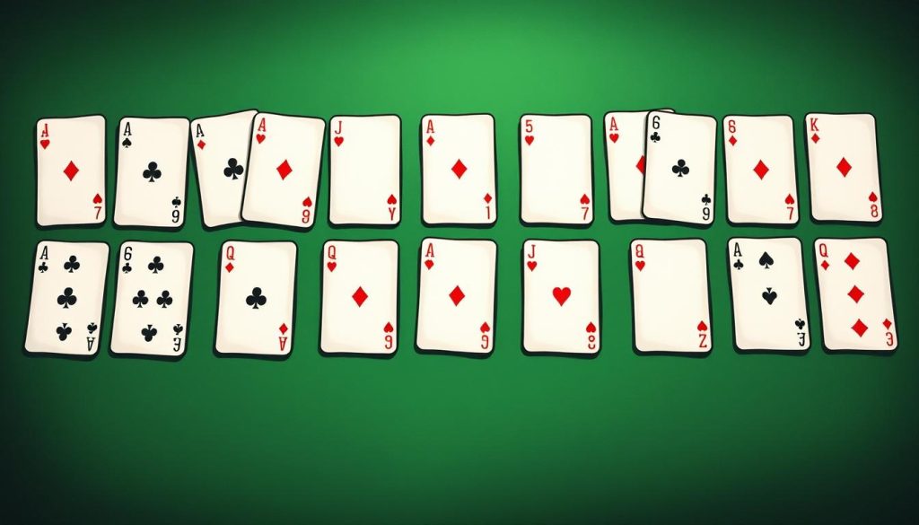A realistic hand-drawn illustration of classic poker hand rankings, with each hand meticulously depicted in a clean, technical style. The cards are arranged neatly on a green felt tabletop, illuminated by warm, directional lighting to emphasize the textures and details. The composition showcases the hierarchy of hands, from high card to royal flush, using a minimalist layout that allows each hand to be easily identified and studied. The overall mood is one of precision and study, reflecting the educational nature of the subject matter. A realistic hand-drawn illustration of classic poker hand rankings, with each hand meticulously depicted in a clean, technical style. The cards are arranged neatly on a green felt tabletop, illuminated by warm, directional lighting to emphasize the textures and details. The composition showcases the hierarchy of hands, from high card to royal flush, using a minimalist layout that allows each hand to be easily identified and studied. The overall mood is one of precision and study, reflecting the educational nature of the subject matter.