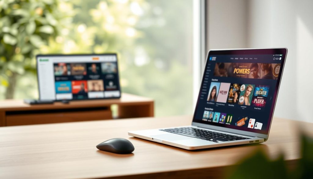 A serene, minimalist desktop scene showcasing the best online poker sites. In the foreground, a sleek laptop displaying various poker platforms, with clean UI designs and intuitive navigation. In the middle ground, a wooden desk with a modern mouse and keyboard, creating a comfortable workspace. The background features a soft, blurred nature scene, with lush greenery and a hint of sunlight filtering through, conveying a calming, distraction-free environment. The overall composition is well-balanced, with a focus on simplicity and user-friendliness, reflecting the ideal setup for exploring the top online poker destinations. A serene, minimalist desktop scene showcasing the best online poker sites. In the foreground, a sleek laptop displaying various poker platforms, with clean UI designs and intuitive navigation. In the middle ground, a wooden desk with a modern mouse and keyboard, creating a comfortable workspace. The background features a soft, blurred nature scene, with lush greenery and a hint of sunlight filtering through, conveying a calming, distraction-free environment. The overall composition is well-balanced, with a focus on simplicity and user-friendliness, reflecting the ideal setup for exploring the top online poker destinations.