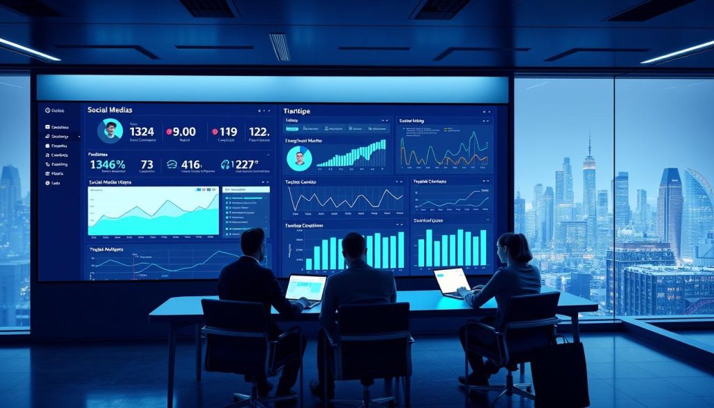 A sleek and modern dashboard with intuitive data visualizations and AI-powered analytics. In the foreground, a large screen displays real-time social media metrics, trend graphs, and sentiment analysis. The middle ground features a team of data analysts and social media managers collaborating at a long conference table, studying the insights on their laptops. The background showcases a panoramic view of a city skyline, suggesting the global scale and impact of this AI-powered social media analytics platform. The lighting is crisp and professional, with a subtle blue-green color scheme reflecting the tech-savvy nature of the scene. The overall mood is one of efficiency, sophistication, and data-driven decision making.