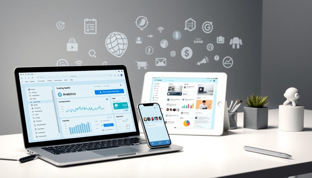 A sleek, minimalist workspace showcasing various AI-powered social media marketing tools. In the foreground, a laptop and smartphone display intuitive analytics dashboards, social media scheduling interfaces, and content generation applications. In the middle ground, a tablet highlights trending topics and audience insights. The background features stylized icons and illustrations representing artificial intelligence, machine learning, and data-driven strategies. Soft, directional lighting creates depth and emphasizes the technological sophistication. The overall atmosphere conveys efficiency, productivity, and the seamless integration of AI into modern social media marketing workflows.