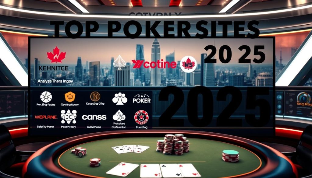 A sleek, modern gaming interface showcasing the top poker sites for 2025. In the foreground, a high-quality digital display showcases the logos and branding of the leading online poker platforms, arranged in a visually striking layout. The middle ground features a lush, three-dimensional playing table, with cards, chips, and other poker accoutrements realistically rendered. In the background, a sophisticated cityscape or futuristic skyline sets the scene, conveying a sense of technological advancement and urban sophistication. The lighting is crisp and dynamic, with a warm, inviting color palette that evokes a sense of excitement and anticipation. The overall composition is balanced and visually compelling, drawing the viewer's attention to the key elements of the top poker sites for the year 2025. A sleek, modern gaming interface showcasing the top poker sites for 2025. In the foreground, a high-quality digital display showcases the logos and branding of the leading online poker platforms, arranged in a visually striking layout. The middle ground features a lush, three-dimensional playing table, with cards, chips, and other poker accoutrements realistically rendered. In the background, a sophisticated cityscape or futuristic skyline sets the scene, conveying a sense of technological advancement and urban sophistication. The lighting is crisp and dynamic, with a warm, inviting color palette that evokes a sense of excitement and anticipation. The overall composition is balanced and visually compelling, drawing the viewer's attention to the key elements of the top poker sites for the year 2025.