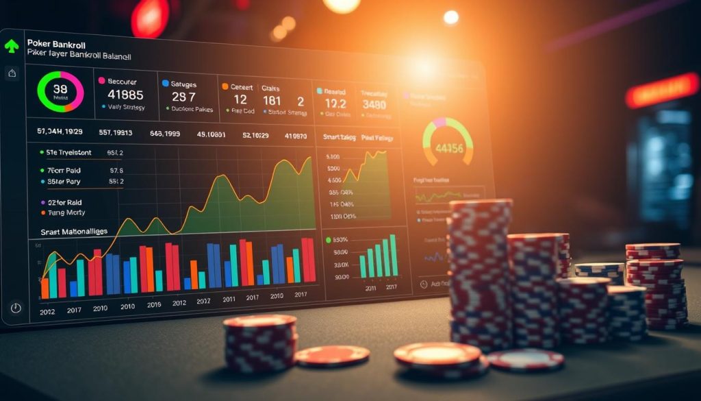 A sophisticated financial dashboard displays a poker player's bankroll growth over time, with colorful charts, graphs, and data visualizations. The foreground features the player's bankroll balance, steadily increasing along with the performance metrics. The middle ground showcases various investment strategies, such as bankroll diversification, smart staking, and calculated risk-taking. The background depicts a high-stakes poker table, with the player's chips stacked neatly, reflecting their disciplined approach to bankroll management. The scene is illuminated by a warm, focused light, creating a sense of professionalism and success. The overall atmosphere conveys a strategic, analytical, and data-driven approach to optimizing one's poker bankroll. A sophisticated financial dashboard displays a poker player's bankroll growth over time, with colorful charts, graphs, and data visualizations. The foreground features the player's bankroll balance, steadily increasing along with the performance metrics. The middle ground showcases various investment strategies, such as bankroll diversification, smart staking, and calculated risk-taking. The background depicts a high-stakes poker table, with the player's chips stacked neatly, reflecting their disciplined approach to bankroll management. The scene is illuminated by a warm, focused light, creating a sense of professionalism and success. The overall atmosphere conveys a strategic, analytical, and data-driven approach to optimizing one's poker bankroll.