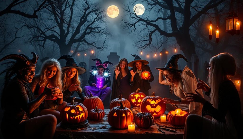A spooktacular Halloween party scene with costumed revelers playing thrilling games and activities. In the foreground, a group of friends in elaborate monster and supernatural costumes compete in a lively pumpkin carving contest, their expressions gleeful and mischievous. In the middle ground, two witches cast enchanting spells, their hands aglow with mystical energy, as a cluster of ghouls and ghosts dance to haunting music. In the shadowy background, a foggy graveyard sets the eerie, otherworldly atmosphere, with gnarled trees and a full moon casting an ominous glow. Warm candlelight flickers, adding to the cozy yet chilling ambiance. The entire scene is infused with a sense of joyful Halloween revelry and spooky supernatural wonder. A spooktacular Halloween party scene with costumed revelers playing thrilling games and activities. In the foreground, a group of friends in elaborate monster and supernatural costumes compete in a lively pumpkin carving contest, their expressions gleeful and mischievous. In the middle ground, two witches cast enchanting spells, their hands aglow with mystical energy, as a cluster of ghouls and ghosts dance to haunting music. In the shadowy background, a foggy graveyard sets the eerie, otherworldly atmosphere, with gnarled trees and a full moon casting an ominous glow. Warm candlelight flickers, adding to the cozy yet chilling ambiance. The entire scene is infused with a sense of joyful Halloween revelry and spooky supernatural wonder.