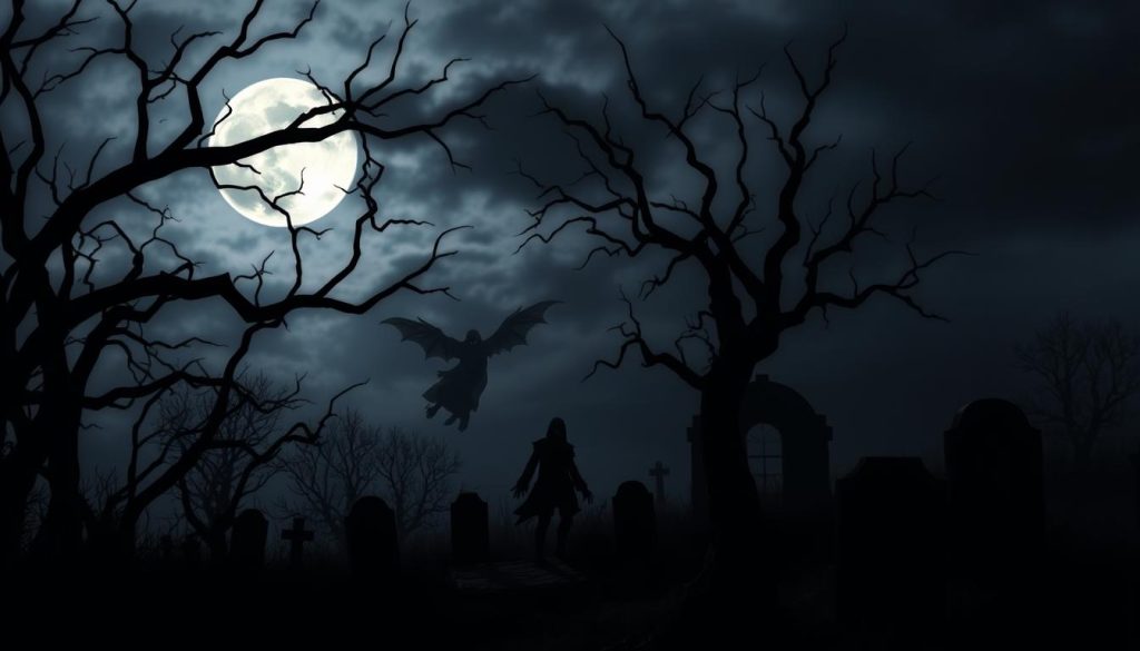 A spooky Halloween scene with eerie silhouettes of bare trees, haunting apparitions, and ominous shadows cast across a dimly lit graveyard. In the foreground, twisted branches reach up towards a cloudy, moonlit sky, their dark outlines creating a sense of unease. In the middle ground, shadowy figures float and drift, their ethereal forms hinting at unseen horrors. The background is cloaked in an ominous haze, with tombstones and crumbling ruins adding to the sense of antiquity and dread. The overall atmosphere is one of creepy-yet-captivating Halloween charm, perfect for quick and easy last-minute decorations. A spooky Halloween scene with eerie silhouettes of bare trees, haunting apparitions, and ominous shadows cast across a dimly lit graveyard. In the foreground, twisted branches reach up towards a cloudy, moonlit sky, their dark outlines creating a sense of unease. In the middle ground, shadowy figures float and drift, their ethereal forms hinting at unseen horrors. The background is cloaked in an ominous haze, with tombstones and crumbling ruins adding to the sense of antiquity and dread. The overall atmosphere is one of creepy-yet-captivating Halloween charm, perfect for quick and easy last-minute decorations.