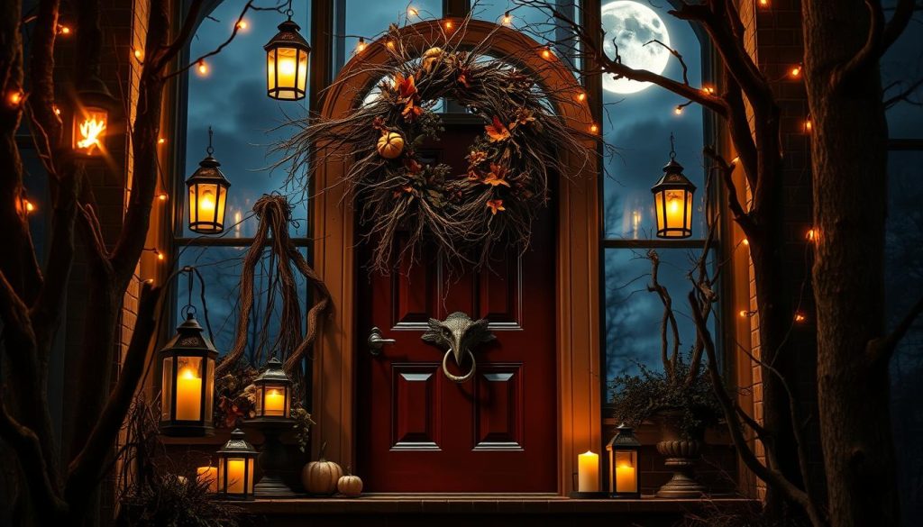 A spooky and enchanting Halloween-themed front door decor, illuminated by the warm glow of lanterns and candles. The entryway is adorned with a large wreath of twisted branches, dried leaves, and creepy crawlies, creating an eerie and captivating first impression. Hanging from the doorframe are strands of moody, flickering fairy lights, casting soft shadows that dance across the porch. The door itself is painted a deep, rich burgundy, with a large, ornate knocker in the shape of a raven's head. Flanking the entrance are tall, twisted trees, their bare branches reaching up towards a cloudy, moonlit sky, creating a sense of otherworldly mystery and foreboding. The overall atmosphere is one of spooky elegance, inviting guests to step into a world of Halloween enchantment. A spooky and enchanting Halloween-themed front door decor, illuminated by the warm glow of lanterns and candles. The entryway is adorned with a large wreath of twisted branches, dried leaves, and creepy crawlies, creating an eerie and captivating first impression. Hanging from the doorframe are strands of moody, flickering fairy lights, casting soft shadows that dance across the porch. The door itself is painted a deep, rich burgundy, with a large, ornate knocker in the shape of a raven's head. Flanking the entrance are tall, twisted trees, their bare branches reaching up towards a cloudy, moonlit sky, creating a sense of otherworldly mystery and foreboding. The overall atmosphere is one of spooky elegance, inviting guests to step into a world of Halloween enchantment.