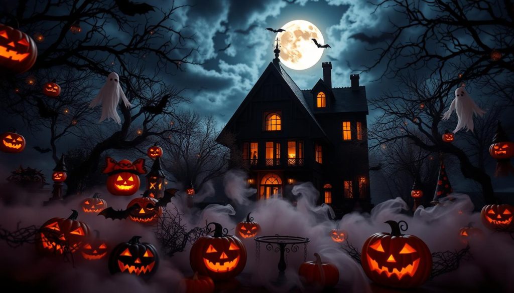 A spooky and festive Halloween party scene, with a variety of themed decorations and activities filling the frame. In the foreground, jack-o'-lanterns and ghostly apparitions float amidst a swirling mist. In the middle ground, a haunted house facade looms, its windows glowing with an eerie light. The background is filled with a night sky, complete with a full moon and bats silhouetted against the darkness. The overall mood is one of enchantment and mystery, creating an immersive and unforgettable Halloween experience. A spooky and festive Halloween party scene, with a variety of themed decorations and activities filling the frame. In the foreground, jack-o'-lanterns and ghostly apparitions float amidst a swirling mist. In the middle ground, a haunted house facade looms, its windows glowing with an eerie light. The background is filled with a night sky, complete with a full moon and bats silhouetted against the darkness. The overall mood is one of enchantment and mystery, creating an immersive and unforgettable Halloween experience.