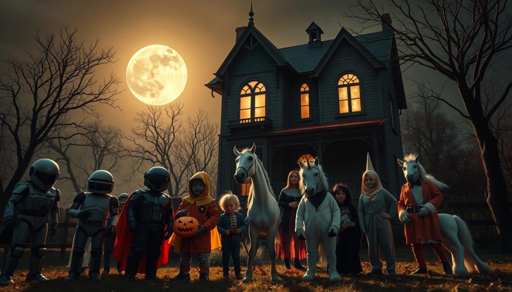 A spooky and whimsical scene showcasing the most popular Halloween costumes of 2025. In the foreground, a group of trick-or-treaters dressed as a diverse array of characters - from a futuristic robot to a mythical unicorn. In the middle ground, a haunted house with detailed gothic architecture looms, its windows aglow with an eerie light. In the background, a full moon shines over a autumnal landscape of twisted, bare trees. The scene is bathed in a warm, moody lighting that casts dramatic shadows, creating an atmosphere of mystery and anticipation. Shot from a low angle to emphasize the larger-than-life costumes and the imposing presence of the haunted house. A spooky and whimsical scene showcasing the most popular Halloween costumes of 2025. In the foreground, a group of trick-or-treaters dressed as a diverse array of characters - from a futuristic robot to a mythical unicorn. In the middle ground, a haunted house with detailed gothic architecture looms, its windows aglow with an eerie light. In the background, a full moon shines over a autumnal landscape of twisted, bare trees. The scene is bathed in a warm, moody lighting that casts dramatic shadows, creating an atmosphere of mystery and anticipation. Shot from a low angle to emphasize the larger-than-life costumes and the imposing presence of the haunted house.