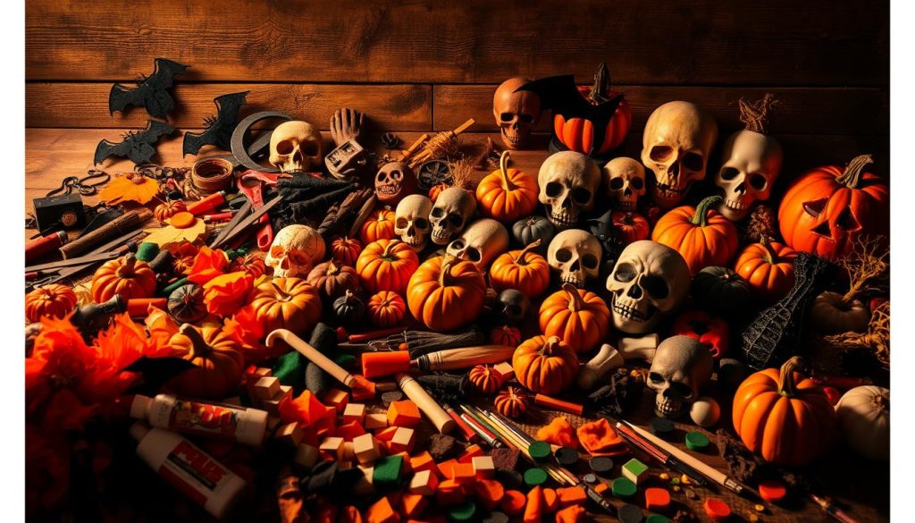 A sprawling arrangement of spooky Halloween craft supplies, bathed in warm, golden lighting that casts dramatic shadows. In the foreground, an array of colorful felt, glue, scissors, and other essential tools for DIY decor. In the middle ground, various pumpkins, skulls, and other eerie accents in muted tones. The background features a rustic wooden surface, complemented by hints of dark, moody textures that evoke the spirit of the season. The overall scene exudes a sense of whimsical, creepy-cute anticipation, perfectly capturing the mood for crafting unique Halloween decorations. A sprawling arrangement of spooky Halloween craft supplies, bathed in warm, golden lighting that casts dramatic shadows. In the foreground, an array of colorful felt, glue, scissors, and other essential tools for DIY decor. In the middle ground, various pumpkins, skulls, and other eerie accents in muted tones. The background features a rustic wooden surface, complemented by hints of dark, moody textures that evoke the spirit of the season. The overall scene exudes a sense of whimsical, creepy-cute anticipation, perfectly capturing the mood for crafting unique Halloween decorations.