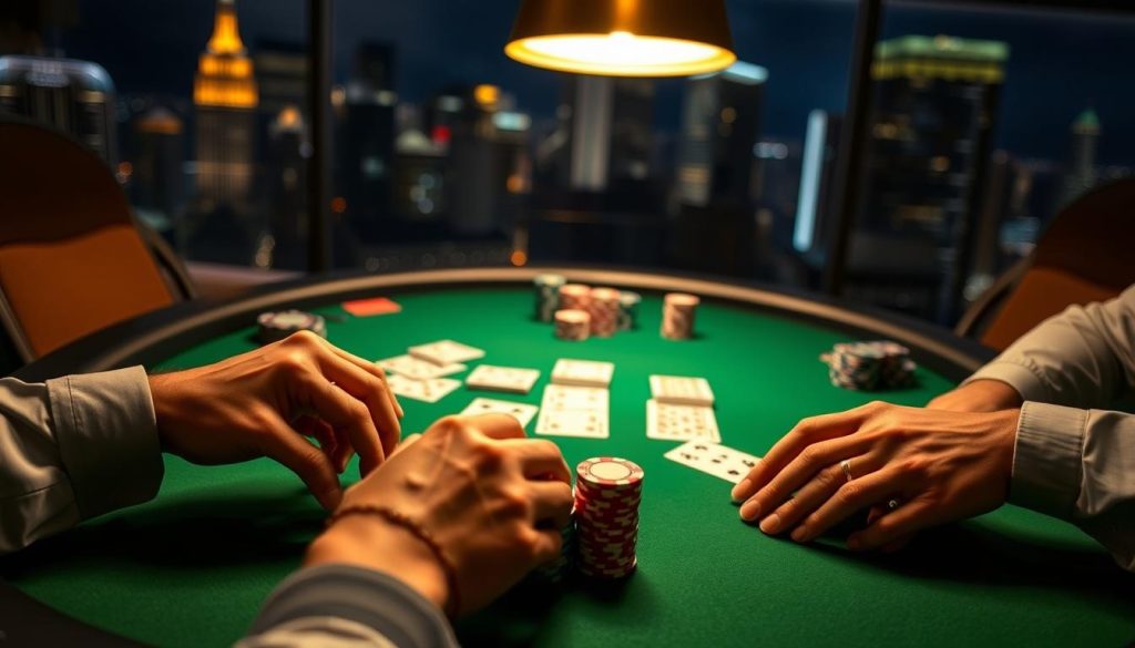 A table covered in a green felt surface, with poker chips, cards, and a pair of hands engaged in a Texas Hold'em betting round. The table is illuminated by a warm, overhead light, casting a subtle glow on the scene. In the background, a blurred cityscape of skyscrapers and neon lights can be seen, hinting at the high-stakes nature of the game. The hands are poised, their movements deliberate, as they consider their next strategic move, embodying the essential betting strategies of Texas Hold'em for new players. A table covered in a green felt surface, with poker chips, cards, and a pair of hands engaged in a Texas Hold'em betting round. The table is illuminated by a warm, overhead light, casting a subtle glow on the scene. In the background, a blurred cityscape of skyscrapers and neon lights can be seen, hinting at the high-stakes nature of the game. The hands are poised, their movements deliberate, as they consider their next strategic move, embodying the essential betting strategies of Texas Hold'em for new players.