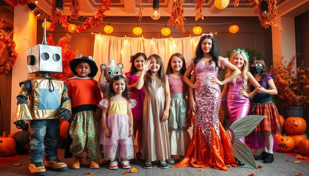 A vibrant, well-lit scene showcasing a collection of affordable yet stylish Halloween costumes. In the foreground, an array of colorful, DIY-inspired outfits, from a quirky robot made with cardboard and tin foil to a whimsical mermaid costume sewn from shimmering fabric scraps. In the middle ground, a group of young models strike playful poses, demonstrating how these budget-friendly options can look just as striking as expensive, store-bought alternatives. The background features a cheerful autumn setting, with warm lighting, autumnal foliage, and a sense of seasonal celebration. The overall mood is one of creativity, accessibility, and the spirit of Halloween, encouraging viewers to embrace their imagination and have fun with affordable costume choices. A vibrant, well-lit scene showcasing a collection of affordable yet stylish Halloween costumes. In the foreground, an array of colorful, DIY-inspired outfits, from a quirky robot made with cardboard and tin foil to a whimsical mermaid costume sewn from shimmering fabric scraps. In the middle ground, a group of young models strike playful poses, demonstrating how these budget-friendly options can look just as striking as expensive, store-bought alternatives. The background features a cheerful autumn setting, with warm lighting, autumnal foliage, and a sense of seasonal celebration. The overall mood is one of creativity, accessibility, and the spirit of Halloween, encouraging viewers to embrace their imagination and have fun with affordable costume choices.