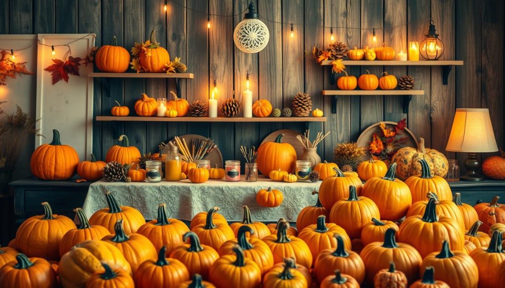A well-lit, autumnal scene of a pumpkin decorating station. In the foreground, an array of vibrant orange pumpkins, gourds, and miniature pumpkins arranged artfully. In the middle ground, a table with a vintage-inspired tablecloth, jars of paints, brushes, and other decorative elements. Soft, warm lighting from candles and string lights casts a cozy glow, creating an inviting atmosphere. The background features a rustic, wooden wall with shelves displaying seasonal foliage, pinecones, and other natural accents. The overall scene evokes a sense of creative DIY inspiration for Halloween decor. A well-lit, autumnal scene of a pumpkin decorating station. In the foreground, an array of vibrant orange pumpkins, gourds, and miniature pumpkins arranged artfully. In the middle ground, a table with a vintage-inspired tablecloth, jars of paints, brushes, and other decorative elements. Soft, warm lighting from candles and string lights casts a cozy glow, creating an inviting atmosphere. The background features a rustic, wooden wall with shelves displaying seasonal foliage, pinecones, and other natural accents. The overall scene evokes a sense of creative DIY inspiration for Halloween decor.