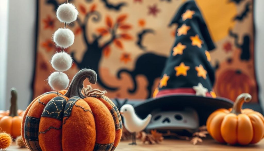 A whimsical collection of handmade Halloween props, crafted with care and imbued with a delightful spookiness. In the foreground, a charming pumpkin plush, its fabric surface textured with patchwork patterns and embroidered details. Beside it, a ghostly garland of fluffy yarn pompoms, hovering as if suspended by an unseen force. In the middle ground, a cozy-looking witch's hat, its brim adorned with hand-stitched stars and moons, casting a soft, warm glow. In the background, a tapestry of autumnal hues, with abstract shapes and silhouettes that evoke the spirit of the season. The lighting is soft and diffused, creating an inviting, cozy atmosphere that draws the viewer into this enchanting, handcrafted Halloween world. A whimsical collection of handmade Halloween props, crafted with care and imbued with a delightful spookiness. In the foreground, a charming pumpkin plush, its fabric surface textured with patchwork patterns and embroidered details. Beside it, a ghostly garland of fluffy yarn pompoms, hovering as if suspended by an unseen force. In the middle ground, a cozy-looking witch's hat, its brim adorned with hand-stitched stars and moons, casting a soft, warm glow. In the background, a tapestry of autumnal hues, with abstract shapes and silhouettes that evoke the spirit of the season. The lighting is soft and diffused, creating an inviting, cozy atmosphere that draws the viewer into this enchanting, handcrafted Halloween world.