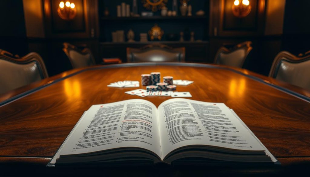 An elegant wooden table set against a backdrop of a dimly lit, cozy poker room. Centered on the table, a deck of playing cards and poker chips artfully arranged, suggesting the start of a high-stakes game. The lighting is warm and inviting, casting soft shadows that accentuate the textures of the materials. In the foreground, a strategic guidebook lies open, its pages offering valuable insights for the novice player. The overall atmosphere evokes a sense of concentration, strategy, and the thrill of the game, perfectly capturing the essence of "Effective Online Poker Strategy for Beginners". An elegant wooden table set against a backdrop of a dimly lit, cozy poker room. Centered on the table, a deck of playing cards and poker chips artfully arranged, suggesting the start of a high-stakes game. The lighting is warm and inviting, casting soft shadows that accentuate the textures of the materials. In the foreground, a strategic guidebook lies open, its pages offering valuable insights for the novice player. The overall atmosphere evokes a sense of concentration, strategy, and the thrill of the game, perfectly capturing the essence of "Effective Online Poker Strategy for Beginners".