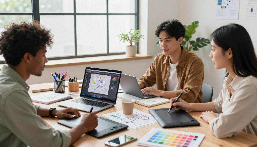 A bright and inviting workspace filled with a variety of beginner-friendly AI tools for creative and visual projects, such as a laptop displaying design software, a digital art tablet, and color palettes. In the foreground, a diverse group of three young professionals (one Black, one White, one Asian) engaged in a collaborative brainstorming session, all dressed in stylish, professional attire. The middle ground features neatly organized supplies like markers, sketchbooks, and infographics related to AI technology. The background includes a large window with natural light streaming in, illuminating the scene, and indoor plants for a lively touch. The mood is inspiring and energetic, capturing a sense of creativity and productivity.