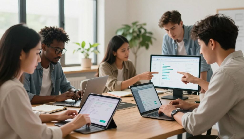 A bright, modern workspace featuring a diverse group of four beginners engaged in using various AI tools on laptops and tablets. In the foreground, a young woman of Asian descent is focused on a tablet, displaying an intuitive AI interface. Next to her, a Black man with glasses is analyzing data on his laptop, with a look of concentration. In the middle, a Hispanic woman takes notes while discussing with a Caucasian man, both pointing at a shared screen showing a simple AI dashboard. The background features large windows with natural light flooding the room, warm indoor plants adding a calming touch. The overall mood is collaborative and inviting, emphasizing productivity and learning in a beginner-friendly environment. Use a soft focus effect to create a sense of depth.