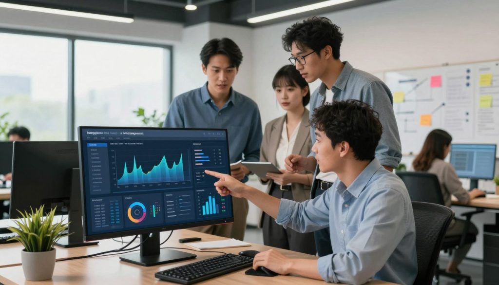 A modern office workspace showcasing intelligent work management tools. In the foreground, display a sleek digital dashboard on a high-resolution monitor, displaying graphs and analytics. In the middle, position a diverse group of three professionals—two men and one woman—dressed in smart business attire, discussing strategies while pointing at the screen. The background features a contemporary office with large windows, allowing natural light to illuminate the space, enhancing a vibrant yet focused atmosphere. Include elements like potted plants and a whiteboard filled with brainstorming notes to suggest collaboration. The overall mood is energetic and productive, capturing the essence of AI-powered productivity tools in action.
