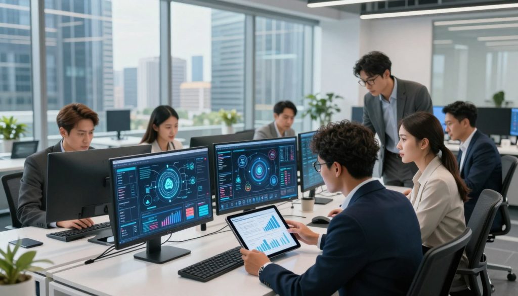 A modern, sleek office environment showcasing AI workflow automation tools. In the foreground, a diverse group of professionals dressed in smart business attire collaborate around a digital tablet displaying graphs and analytics related to automated tasks. In the middle ground, a high-tech computer setup features flowing data streams and dynamic AI icons representing various automated processes. The background displays a panoramic view of a futuristic cityscape through large glass windows, with vibrant natural light flooding the space. The lighting is bright but soft, creating a focused yet inspiring atmosphere. The angle is slightly elevated, providing a comprehensive view of the collaborative efforts, evoking a sense of innovation and efficiency.