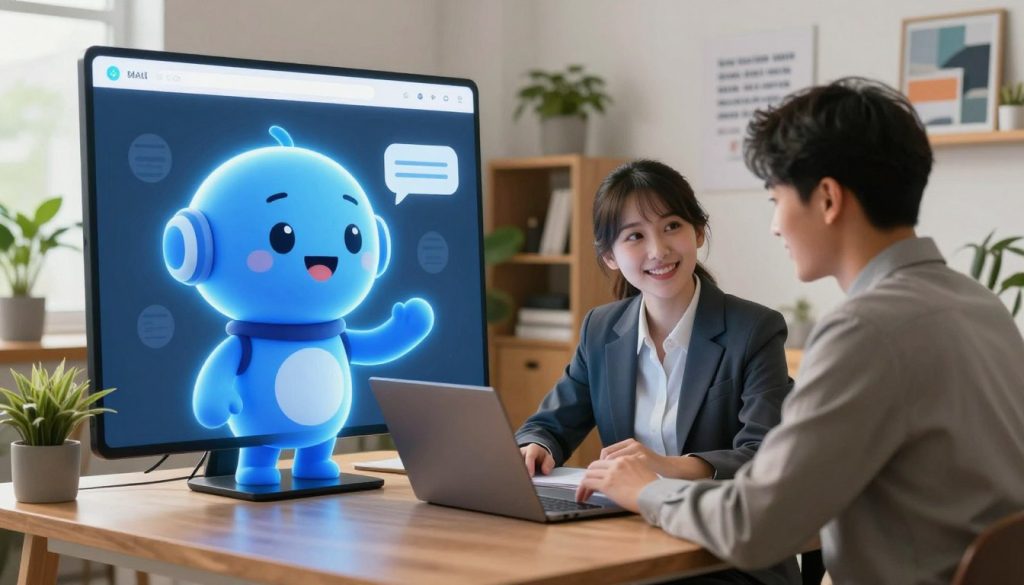 A sleek, modern AI chatbot interface is at the forefront, featuring a friendly, anthropomorphic digital character with a glowing blue aura. In the middle ground, a small business owner in professional attire interacts with the chatbot on a laptop, looking engaged and satisfied. The background showcases a cozy, well-lit office space with wooden furnishings, plants, and motivational posters on the walls, suggesting a welcoming atmosphere. Soft, diffused lighting emphasizes a sense of innovation and approachability, with a warm color palette of blues and greens. The angle captures a dynamic perspective, drawing the viewer into the scene, highlighting the seamless integration of AI technology into small business operations.