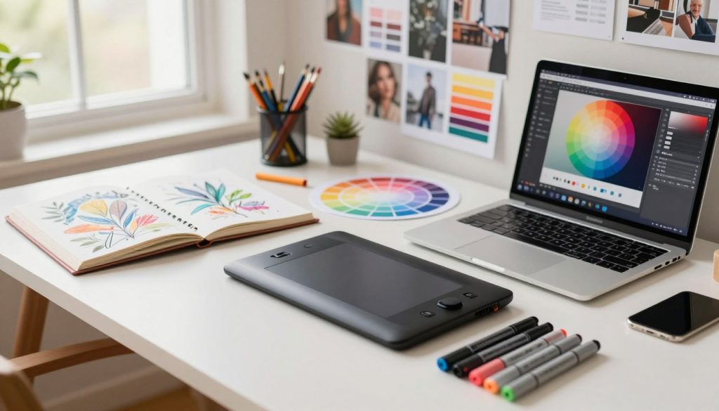 A stylish workspace featuring an array of essential design tools neatly arranged on a clean, modern desk. In the foreground, showcase vibrant sketchbooks, high-quality markers, and a sophisticated laptop displaying design software. The middle section includes a large drawing tablet and a color wheel, exuding creativity and innovation. In the background, softly blurred, there is a mood board filled with inspiring images and color swatches that reflect a decorative yet professional ambiance. Utilize natural lighting streaming in through a large window, creating a warm and inviting atmosphere. The overall mood should inspire motivation and artistry, encapsulating the essence of stunning design creation. The scene should be presented from a slightly elevated angle, ensuring all elements are visible and inviting.