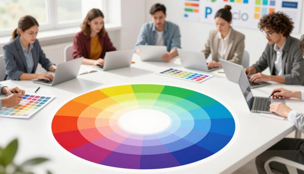 A vibrant and dynamic illustration of color theory as applied to visual branding, featuring a large color wheel in the foreground, showcasing a spectrum of hues blending seamlessly from one to another. In the middle ground, a stylish workspace with design elements like mockups, swatches, and digital tablets, where diverse individuals in professional attire are collaborating on branding projects. In the background, an abstract representation of brand logos and patterns, softly blurred to suggest creativity and innovation. The lighting is bright and uplifting, casting soft shadows, with a focus on creating an inviting, energetic atmosphere. The angle captures the workspace with a slight overhead view, emphasizing the collaboration and vibrancy of the design process, evoking a sense of inspiration and creativity in the realm of branding.