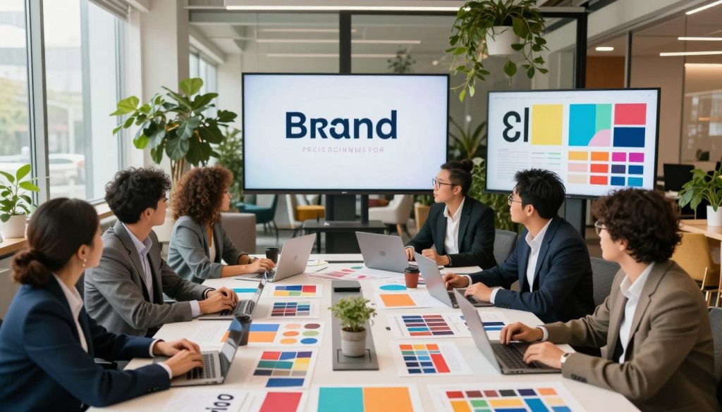 A visually engaging representation of advanced design strategies for brand recognition. In the foreground, showcase a diverse group of professionals in smart business attire, brainstorming at a sleek conference table cluttered with colorful design prototypes, mood boards, and branding elements. In the middle ground, depict large digital screens displaying eye-catching logos, typography, and color palettes, emphasizing the importance of visual branding. The background features an open office space filled with greenery and modern furniture, bathing in soft, natural light filtering through large windows, creating a warm, collaborative atmosphere. Use a wide-angle lens to capture the dynamic environment, ensuring the composition conveys creativity and teamwork, highlighting the theme of innovation in design. Focus on vivid colors to reflect the vitality of branding.