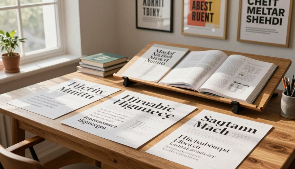 A visually engaging workspace dedicated to typography resources. In the foreground, an elegant wooden desk features an assortment of font specimen sheets showcasing various styles like serif, sans-serif, and script fonts, arranged aesthetically. The middle ground displays a large, well-lit drafting table with several design books open, revealing typography principles and font anatomy diagrams. In the background, a wall is adorned with framed typographic posters highlighting inspiring quotes in bold and creative layouts. Soft, natural daylight streams in from a large window, casting gentle shadows and creating a warm, inviting atmosphere. Use a slightly overhead angle to encompass the entire setup, evoking a sense of creativity and inspiration in graphic design.