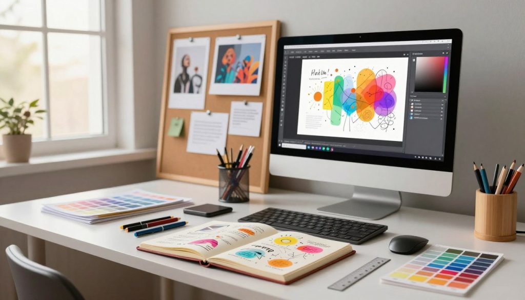 A well-organized workspace designed for graphic design, featuring a sleek modern desk with a computer displaying vibrant design software. In the foreground, showcase an open sketchbook filled with colorful illustrations and annotations, surrounded by a selection of graphic design tools such as pens, color swatches, and a ruler. In the middle ground, include a stylish bulletin board with pinned inspiration images and design tips, highlighting creativity and organization. The background should feature a warm light filtering through large windows, creating a welcoming and productive atmosphere. The scene captures the essence of a beginner-friendly environment, emphasizing practical exercises for aspiring designers. Use soft, natural lighting to enhance the mood and present a sense of inspiration and focus.