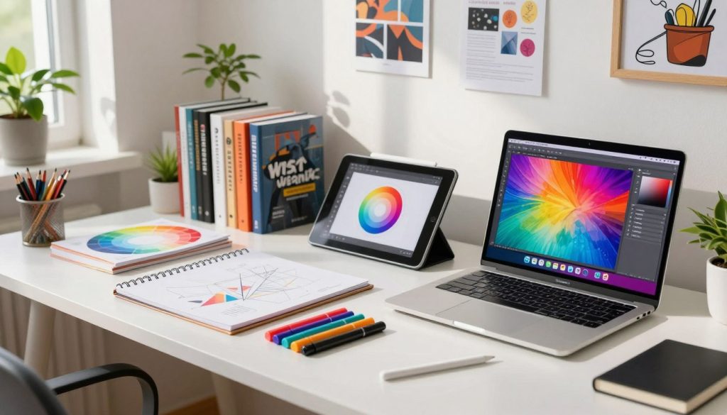 A well-organized workspace filled with essential graphic design tools for beginners. In the foreground, an open laptop displaying a vibrant design software interface, alongside a sketchpad, colorful markers, and a stylus. In the middle, a stylish desk cluttered with a variety of design books, a tablet with a digital drawing application, and a color wheel. The background features a bright, modern office with plants and inspiration boards showcasing design concepts. Soft natural light filters through a window, casting gentle shadows. The overall atmosphere is inviting and creative, perfect for inspiring novice designers to explore their artistic potential. The image should be vibrant and engaging, with a focus on the tools that facilitate graphic design.