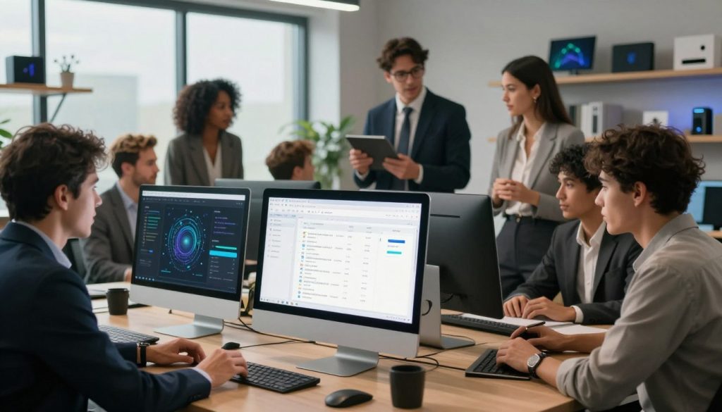 An artistic representation of AI productivity tools in a modern office environment. In the foreground, showcase a sleek desktop computer displaying various productivity applications, with bright screens featuring organized task lists and graphic visualizations. In the middle, feature a diverse group of professionals in business attire collaborating around a conference table, immersed in discussion about AI tools. The background includes shelves with tech gadgets and a large window letting in natural light, enhancing the futuristic atmosphere. A soft, focused lighting casts a warm glow over the scene, creating an inviting and inspiring workspace. The overall mood should be energetic yet professional, capturing the essence of collaboration and efficiency with technology.